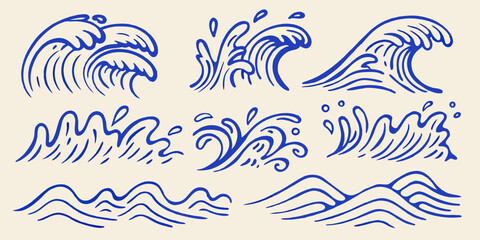 Fototapeta premium Collection of stylized blue ink hand drawn wave illustrations on a cream background
