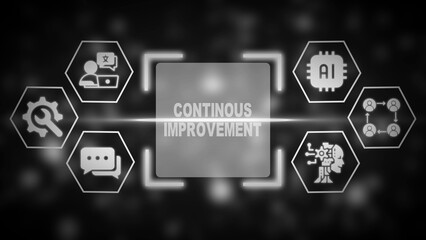 Monochromatic continuous improvement concept illustration with AI and process icons on a dark background
