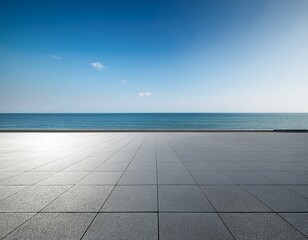 Fototapeta premium empty sea view plaza with clear sky background asphalt floor gray wall rendering sea view plaza clear sky background