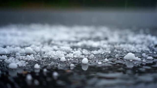 Timelapse of hail accumulating and melting on a dark pavement ground, surface, no text