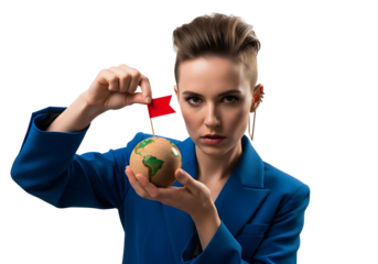 Global Leadership Woman Holding Earth Model with Red Flag Geopolitics Concept Environmental Campaign Awareness Sustainability Planet Business