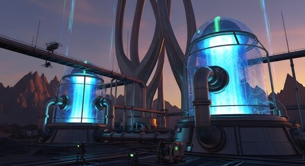 Spectacular view of an advanced digi-technology installation, showcasing futuristic energy generation and processing in a sci-fi setting