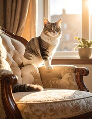 Cat perched on an antique armchair bathed in sunlight