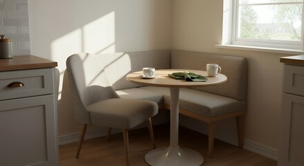 Sunlit Scandinavian Breakfast Nook: Cozy Banquette Seating and Morning Coffee Scene