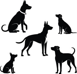 Dog silhouette collection, pet animal vector, domestic dog artwork, sitting and standing dog shapes, black outline design, cad drawing flat vector illustration