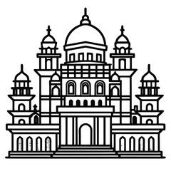 Detailed black and white illustration of intricate palace architecture with classical elements and ornate facades
