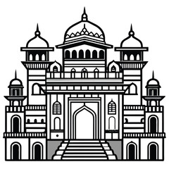 Intricate black and white detailed palace architecture illustration with classical elements and geometric precision