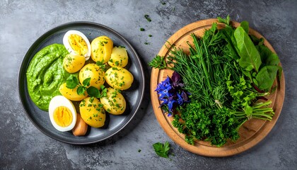 Frankfurter grüne Sosse mit Salzkartoffeln und gekochte Eier, und die passenden Zutaten.