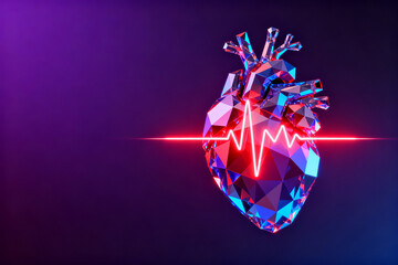 A crystalline heart with a glowing red heartbeat line against a dark purple background