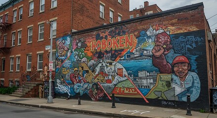 Obraz premium Colorful Urban Street Art Mural on a Brick Building Wall.