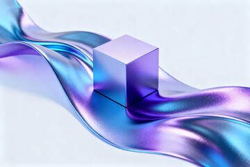 A reflective purple cube resting on a flowing, iridescent fabric with blue and violet hues.
