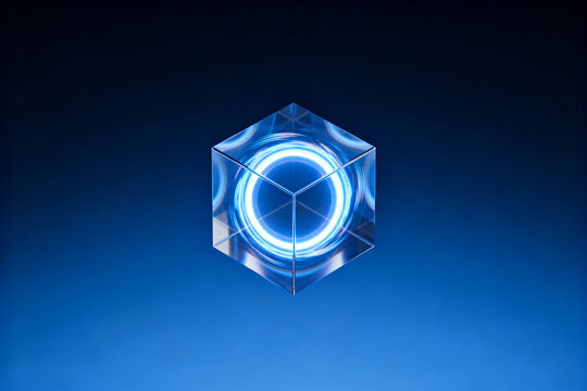 Glowing blue hexagonal crystal with circular light core against dark blue background