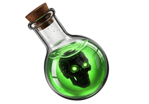 Glass potion bottle filled with glowing green liquid and skull design isolated on transparent background