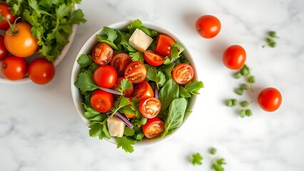 A colorful mixed vegetable salad in a white bowl, fresh ingredients presented with simplicity and elegance.