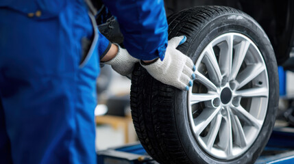 mechanic in blue overalls and safety gloves is carefully mounting a car tire onto a wheel hub, highlighting precision, maintenance, and vehicle safety