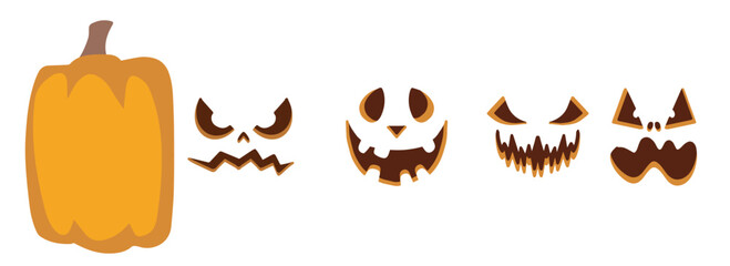 Flat vector Halloween constructor set featuring a square orange pumpkin and multiple funny, sad, and angry faces. Ideal for festive design projects and banners.