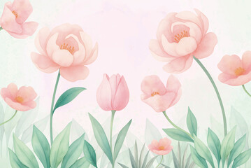 Watercolor floral background with tulips and peonies, pastel flower frame, botanical illustration, spring floral design for invitations