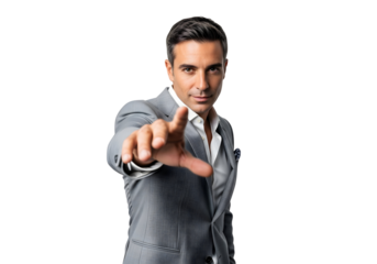 Confident Businessman Pointing Forward Motivation Leadership Concept Gray Suit Presentation Modern Business Choice Progress Vision Opportunity