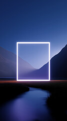 Futuristic Neon Circle Over Mountain Landscape At Night With Reflection Water, Glowing Laser Ring, Digital Abstract Background, Virtual Reality Energy Source and Sci-Fi Cosmic Design, Vertical