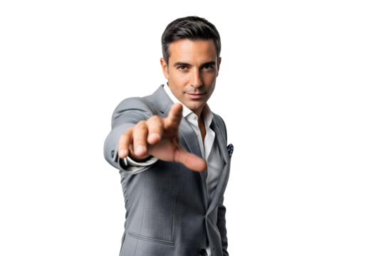 Confident Businessman Pointing Forward Motivation Leadership Concept Gray Suit Presentation Modern Business Choice Progress Vision Opportunity