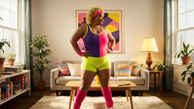 Woman performs joyful dance in striking pink and yellow workout attire. Brightly lit cozy living room features plants and art. Concept of fitness, home workouts, personal training