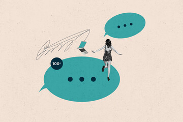 Collage with person surrounded by message bubbles symbolizing chatting communication online...
