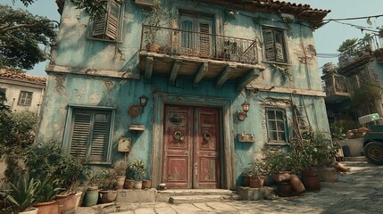 Fototapeta premium Weathered Blue House with Red Door
