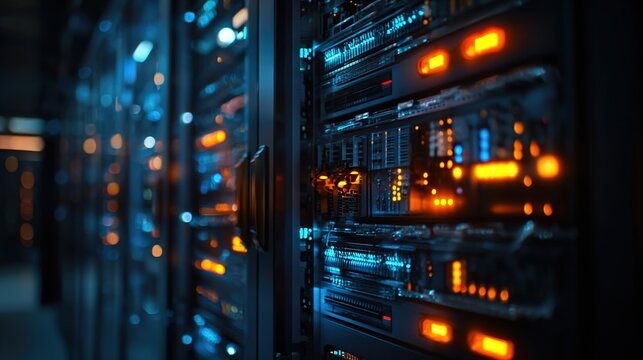 cables. Close-up view of illuminated server components in a data center with cool blue lighting. product launch decks, UI/UX mockups, designed for data visualization dashboards and holographic UIs.