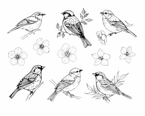 Fototapeta premium Collection of hand drawn sparrows and wildflowers in black and white sketch style