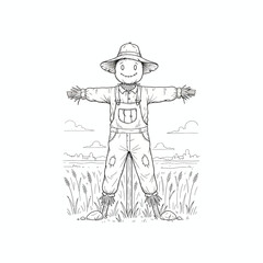 A delightful outline illustration of a friendly scarecrow standing watch in a golden harvest field, ready for autumn season celebrations, farming themes, or creative children's coloring book projects