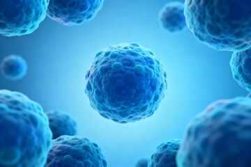 Microscopic view of blue spherical cells floating in a fluid environment