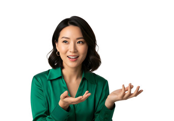 Enthusiastic Asian Woman Presentation Showcase Expressive Professional Business Person Demonstrating Explaining Idea Concept Opportunity