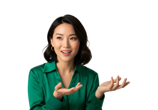 Enthusiastic Asian Woman Presentation Showcase Expressive Professional Business Person Demonstrating Explaining Idea Concept Opportunity