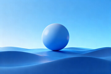A smooth blue sphere rests on undulating waves under a clear sky