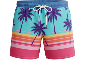 Vibrant tropical palm tree print swim trunks with drawstring waist for beach and pool fun isolated on transparent background