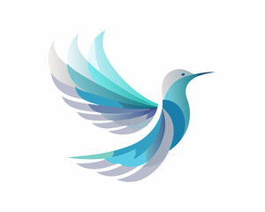 Abstract blue and teal hummingbird with flowing wings on white background
