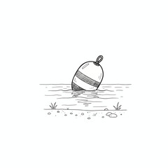 Minimalist black and white line art illustration of a striped navigational buoy gently floating on calm water, capturing the essence of maritime navigation and coastal tranquility