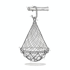 Hand-drawn sketch of a rustic net bag, suspended from a wooden rod, containing spherical items, illustrating a traditional and simple storage solution