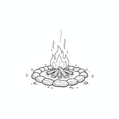 Hand-drawn line art illustration of a campfire, featuring burning logs within a protective stone ring, symbolizing outdoor warmth and rustic adventure
