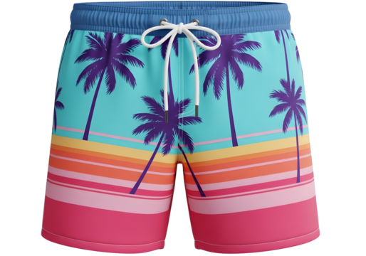 Vibrant tropical palm tree print swim trunks with drawstring waist for beach and pool fun isolated on transparent background