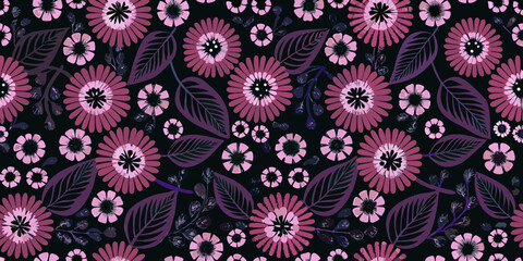 Dark floral pattern with pink and purple flowers and leaves