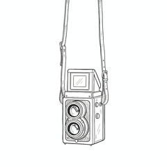 A detailed hand-drawn illustration of a vintage twin-lens reflex camera, classic photographic equipment suspended by its strap, evoking an analog photography aesthetic