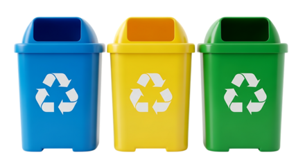Three colorful recycling bins with recycling symbols isolated on transparent background
