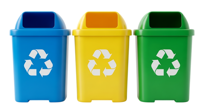 Three colorful recycling bins with recycling symbols isolated on transparent background