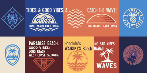 Collection of retro surf and beach themed graphic designs with text and illustrations
