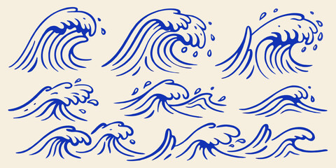 Collection of stylized blue japanese wave illustrations on a cream background