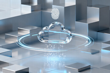 Digital cloud with fingerprint icon and glowing data stream in a futuristic geometric environment