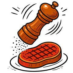 Cartoon pepper grinder seasoning grilled steak in comic style with bold lines and warm colors for cooking and barbecue themes