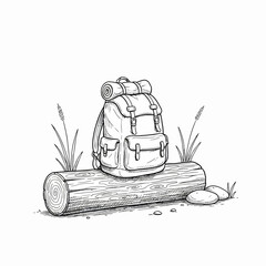 Detailed sketch of a classic rucksack resting on a rustic wooden log, evoking a sense of wilderness travel and the spirit of outdoor adventure and exploration