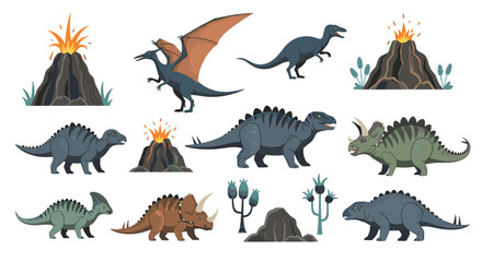 Fototapeta premium A vibrant collection of prehistoric creatures and erupting volcanoes on a white background.